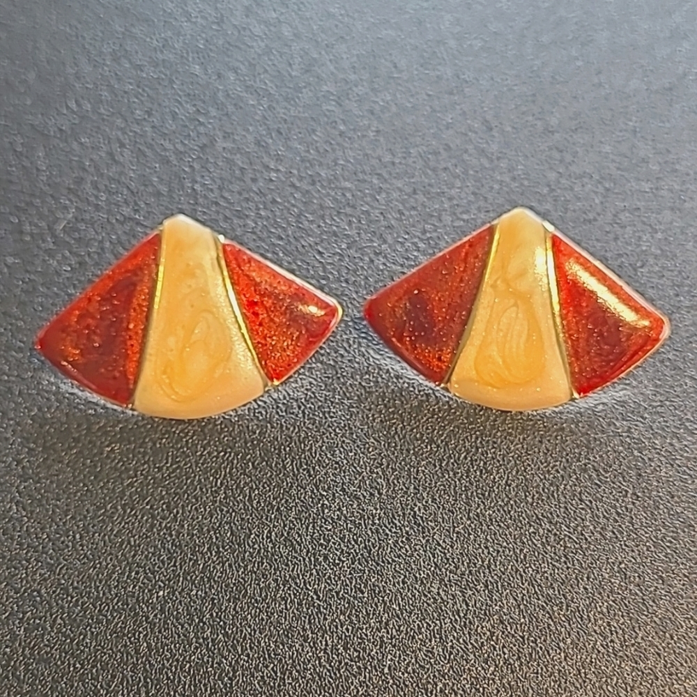 Vintage enamel earrings in shimmering burgundy and cream, stud post with backing